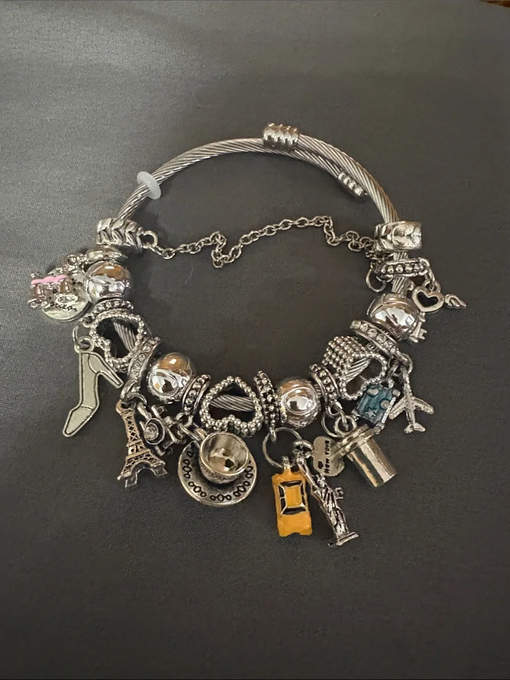 Silver Custom Multi-Charm Women’s Bracelet with Yellow Taxi Accent